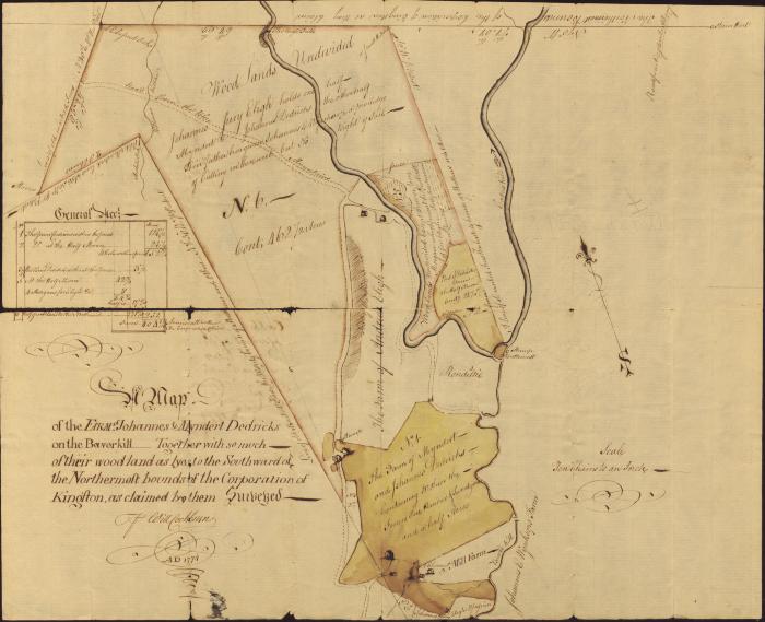 A Map of the Farm of Johannes & Myndert Dedricks on the Baverkill [sic] Together with so much of their woodland as lyes [sic] to the Southward of the Northern most bounds of the Corporation of Kingston, as claimed by them