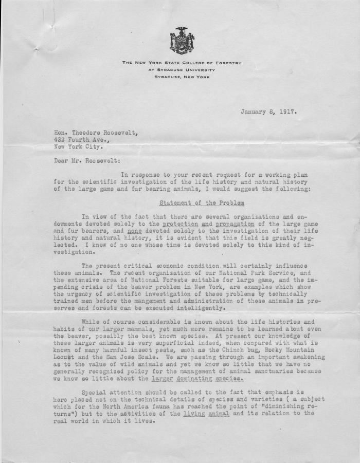 Letter to Hon. Theodore Roosevelt from Charles C. Adams, Professor of Forest Zoology