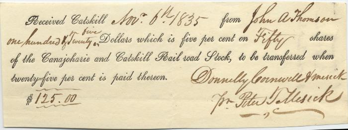 Receipt for Canajoharie and Catskill Railroad stock