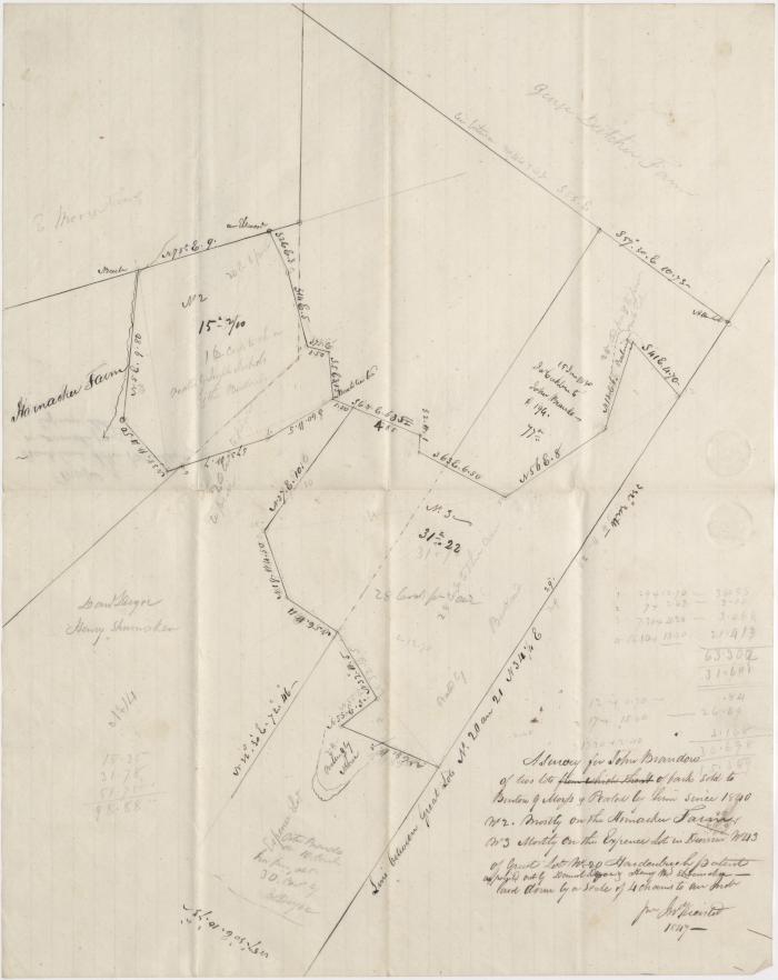 A survey for John Brandon of two lots of bark sold to Bartow G. Morss[?] & Peeled by him since 1840, No. 2 mostly on the Harnacker Farm, No. 3 mostly on the Expense Lot in Division No. 43 of Great Lot No. 20 of the H[ardenburgh] P[atent]