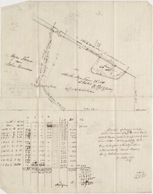 A Map of a survey made for John Brandon of a lot of Hemlock Bark sold to Bartow G. Morss[?] and peeled by him since 1840 distinguished by No. 1 being the East part of the Meyer Farm as Pointed out by Daniel Deyoe & Henry W. Schoonmaker