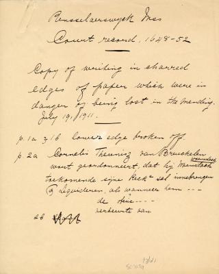 Notes related to the translation and transcription of Dutch text of first sixteen folios compiled by A.J.F. van Laer