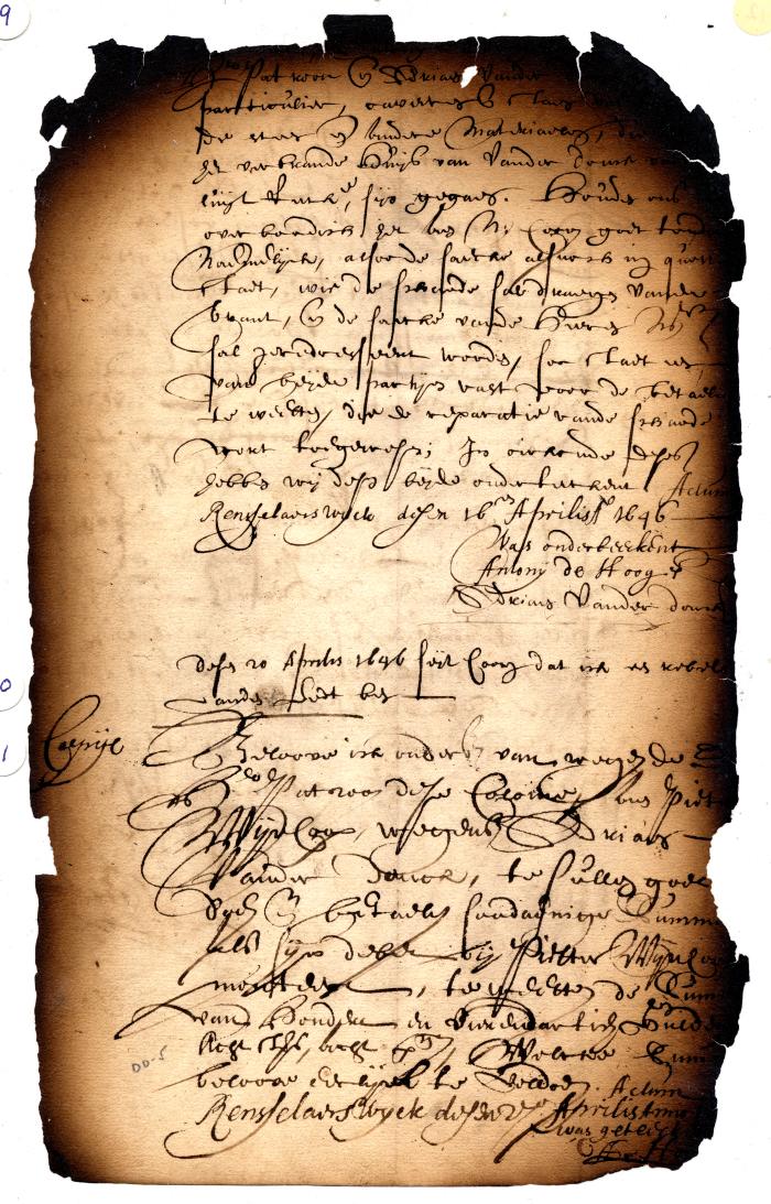 Reiteration of the Agreement between De Hooges and van der Donck to Await Judgment of Responsibility for Rebuilding Van der Donck’s Burned House ; Memo Stating That Coorn Called De Hooges an Oath Breaker ; Note for the Colony to Pay Wijncoop ƒ134:8:8