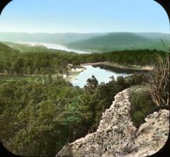 N.Y. Hudson River view south from West Point, remains of Fort Putnam in foregound & Anthony's Nose in distance.