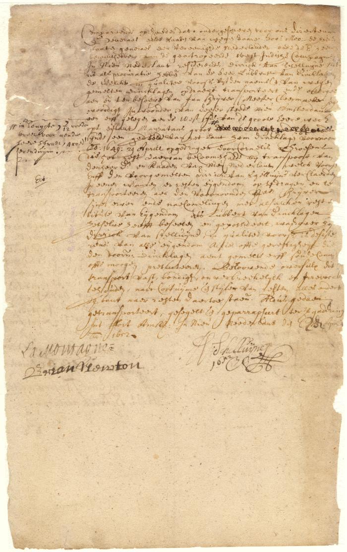 Deed from Dirck van Schelluyne, attorney for Lubbert van Dincklagen, to Jan Schryver of a lot on Manhattan Island