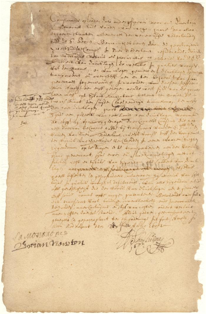 Deed from Dirck van Schelluyne, attorney for Lubbert van Dincklagen, to Isaac Grevenraet of a lot on Manhattan Island