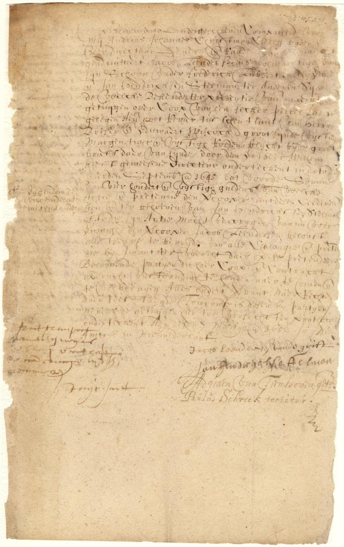 Contract of sale from Jacob Leendersen, as attorney for Frederick Lubbertsen, to Jan Hendricksen Stelman of a parcel of land on the East river