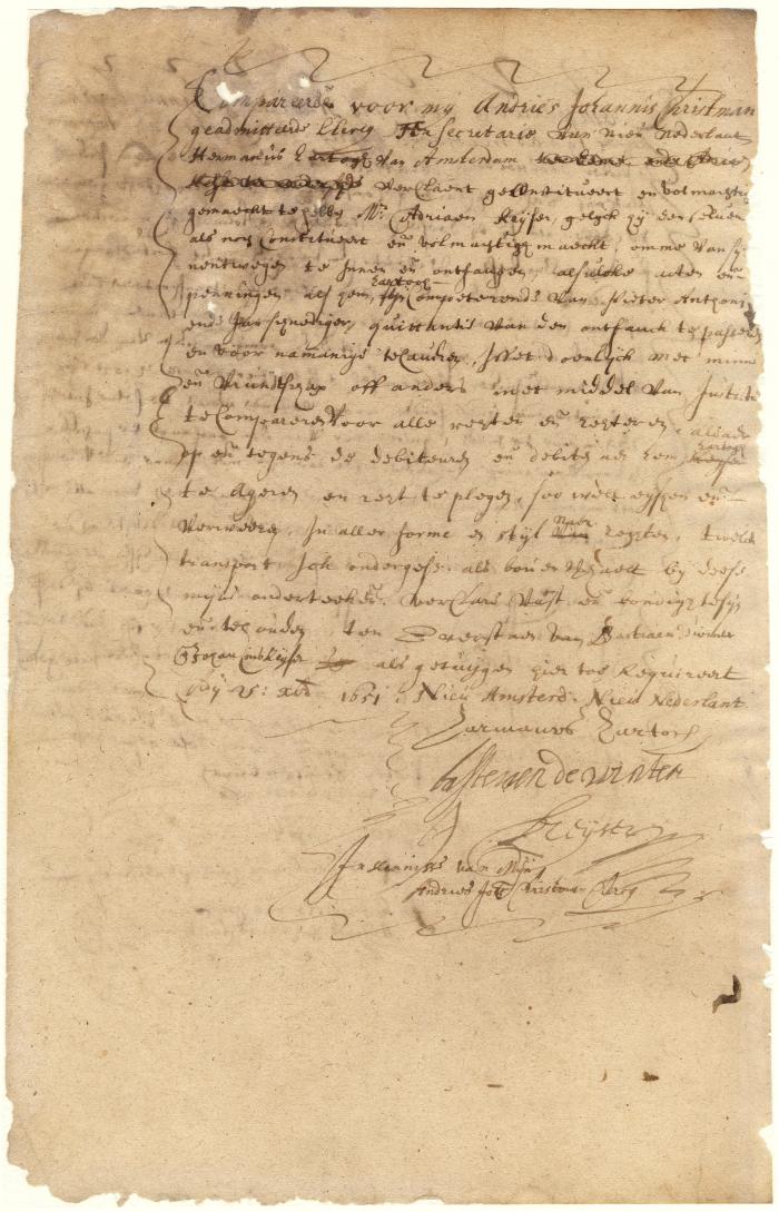 Power of attorney from Hermanus Hartogh to Adriaen Keyser to collect certain debts of Pieter Anthony and Jan Schnediger