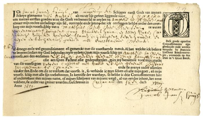 BILL OF LADING for dyewood and sugar loaded at Curaçao for New Netherland