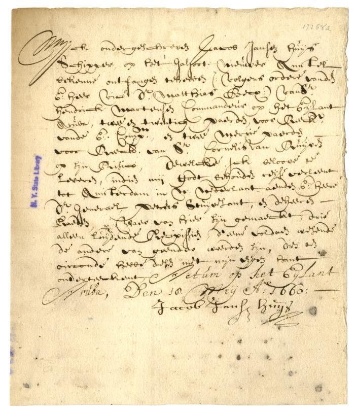 BILL OF LADING for twenty-two horses loaded at Aruba for New Netherland