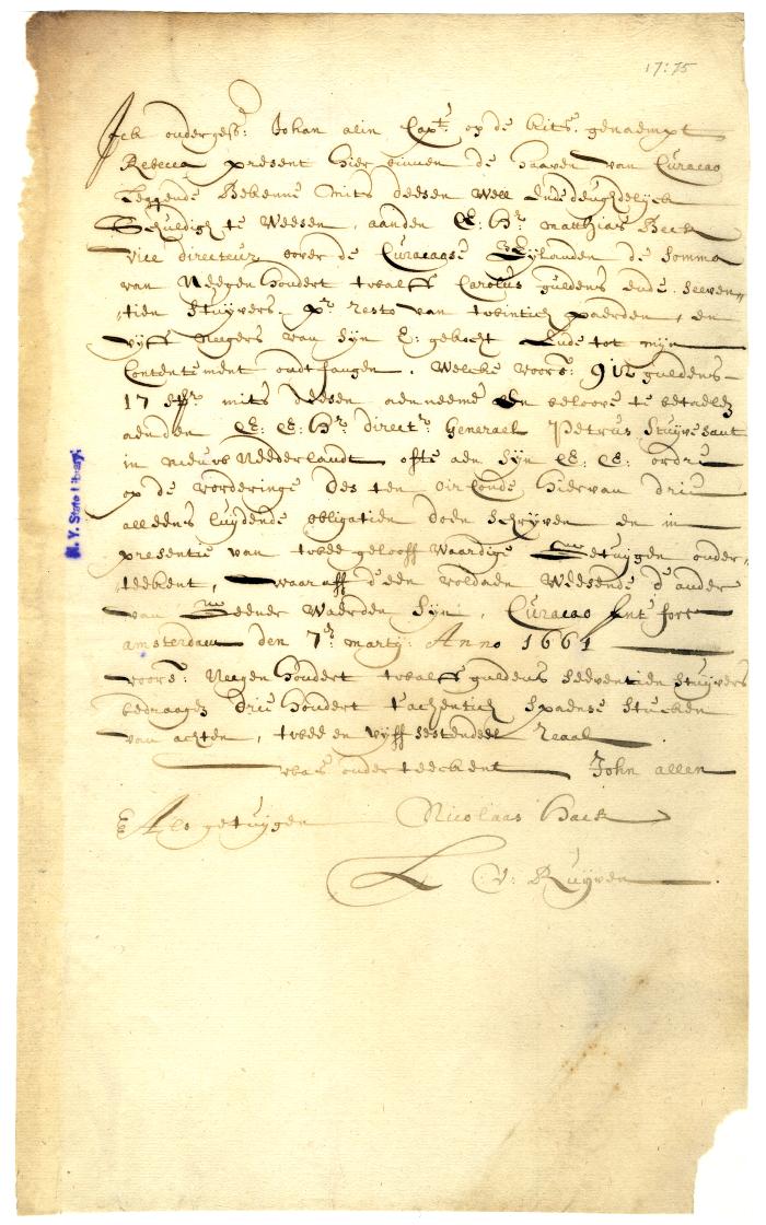 BOND of Captain John Allen securing his debt to Matthias Beck