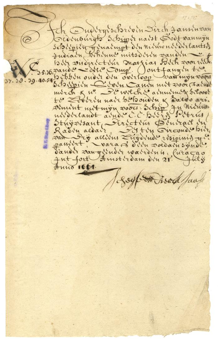 BILL OF LADING for seven cases of goods loaded at Curaçao for New Netherland