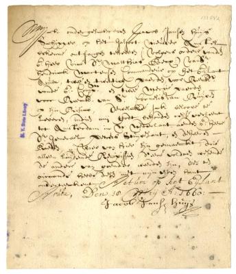 BILL OF LADING for twenty-two horses loaded at Aruba for New Netherland