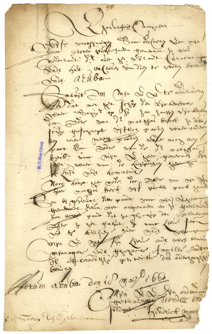 LETTER from Hendrick Martens, commander at Aruba, to Petrus Stuyvesant