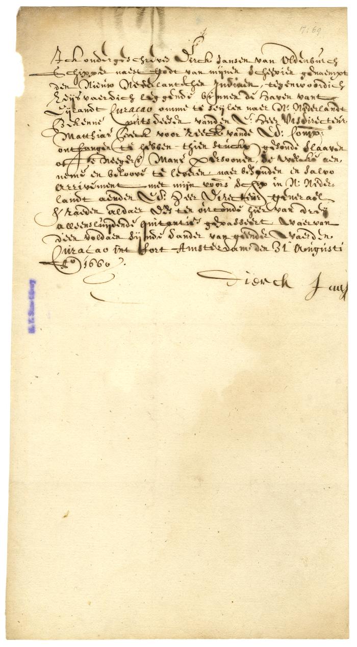 BILL OF LADING for ten enslaved individuals loaded at Curaçao for New Netherland