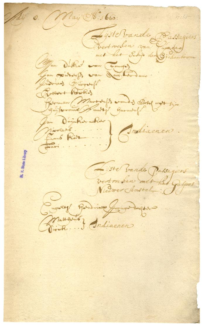 LIST of passengers leaving Curaçao for New Netherland aboard Den Eijckenboom and Nieuw Amstel