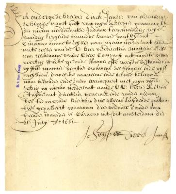 BILL OF LADING for forty enslaved individuals loaded at Curaçao for New Netherland