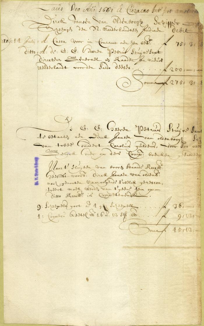 ACCOUNT (debit-credit) of Dirck Jansen van Oldenborgh, skipper of De Nieuw Nederlantse Indiaen, with a draft on Petrus Stuyvesant for payment of balance to the aforesaid skipper