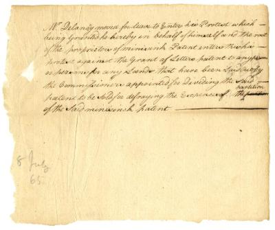 Protest by Mr. De Lancey of Minisink patent, against granting sub-division, 1765