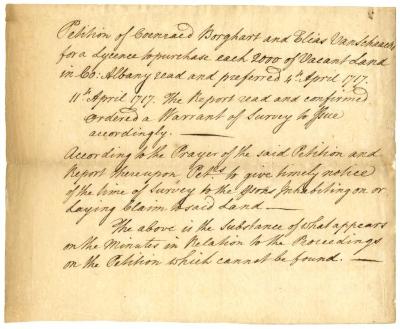 Copy of petition of Coenraat Borghardt and Elias Van Schaack, to purchase land, 1762