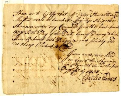 Certificate of Charles Midows, that Peter Stewart served as master's mate on board H. M.'s ship Shannon, 1758