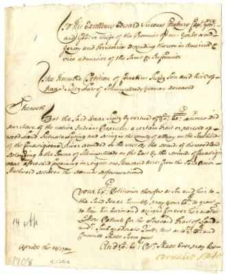 Petition of Cornelius Swits for a tract of land, 1708