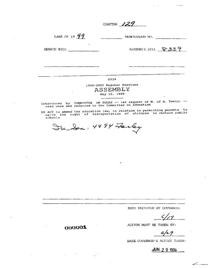 NYS Bill and Veto Jackets: 1999 Chapter 129