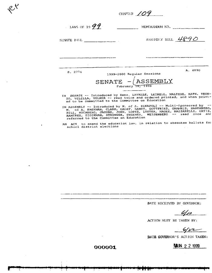 NYS Bill and Veto Jackets: 1999, Chapter 109