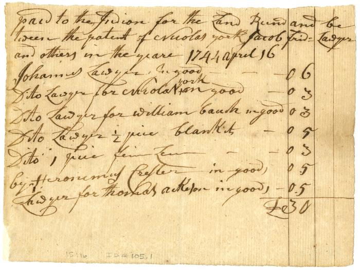 Account of monies paid the Indians by Nicholas York, Jacob Frederick Lawyer and others, 1744