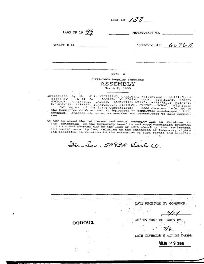NYS Bill and Veto Jackets: 1999, Chapter 138