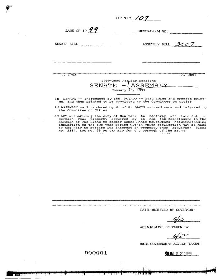 NYS Bill and Veto Jackets: 1999, Chapter 107