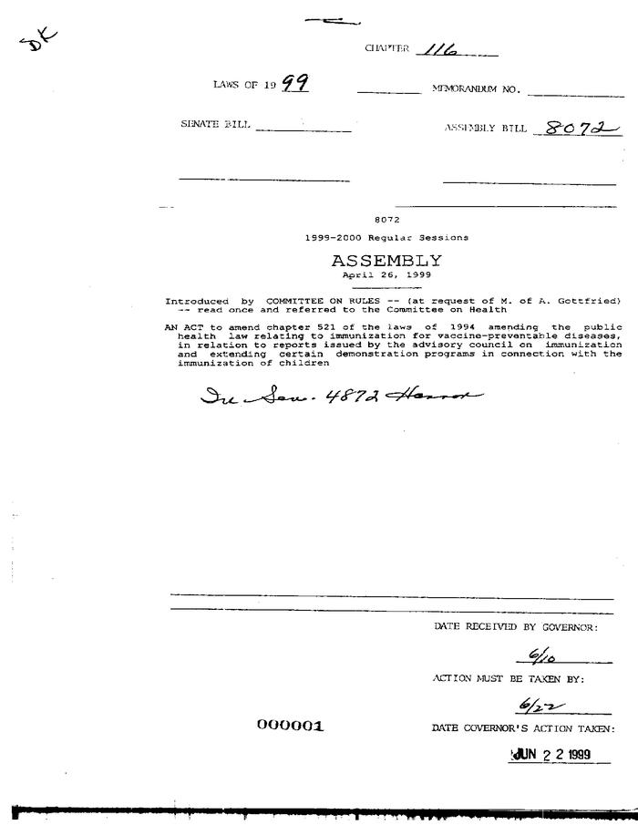 NYS Bill and Veto Jackets: 1999 Chapter 116