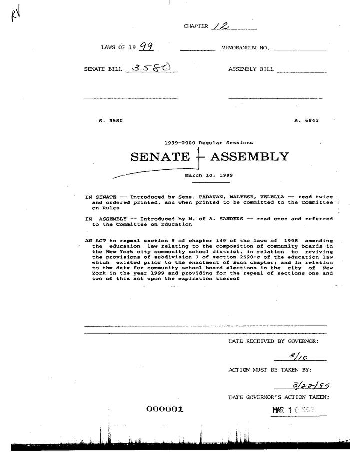 NYS Bill and Veto Jackets: 1999, Chapter 12