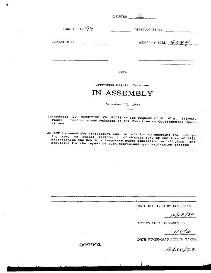 NYS Bill and Veto Jackets: 1999, Chapter 2