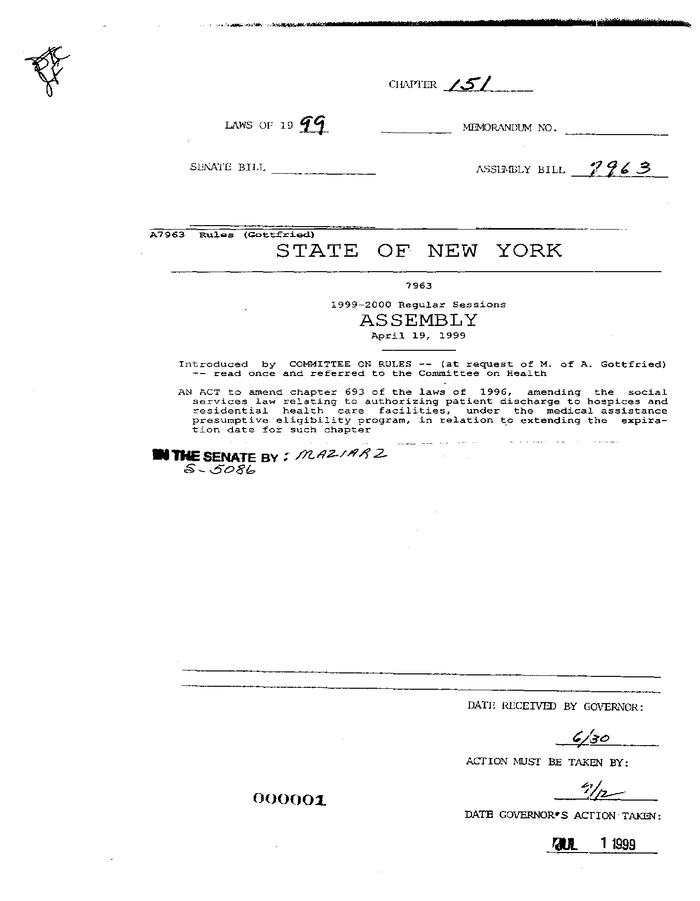 NYS Bill and Veto Jackets: 1999, Chapter 151