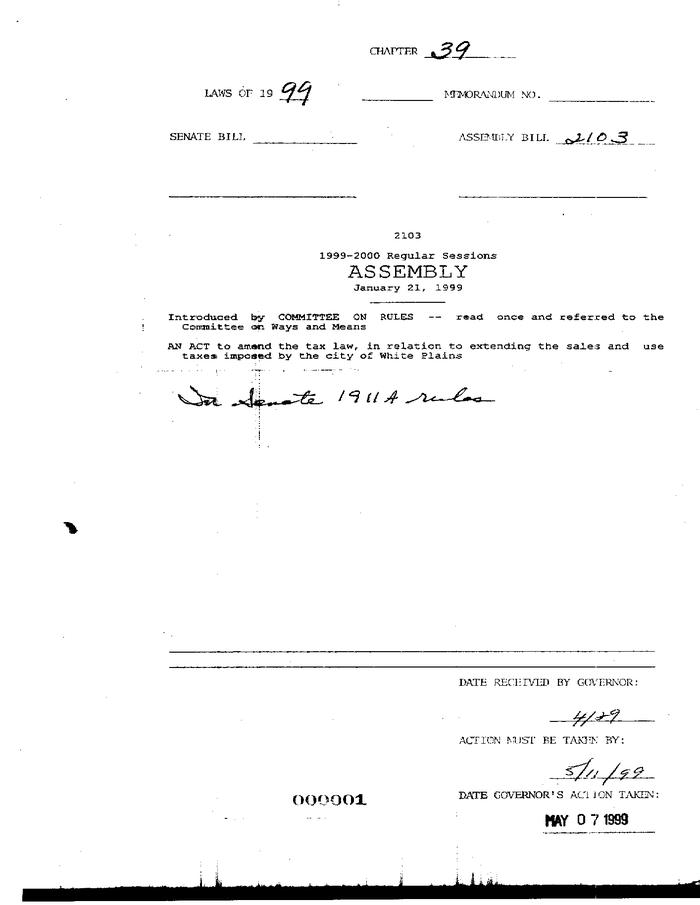 NYS Bill and Veto Jackets: 1999, Chapter 39