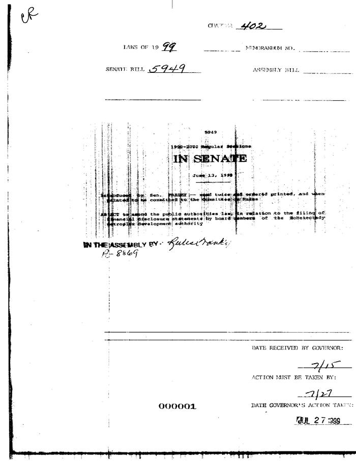 NYS Bill and Veto Jackets: 1999, Chapter 402