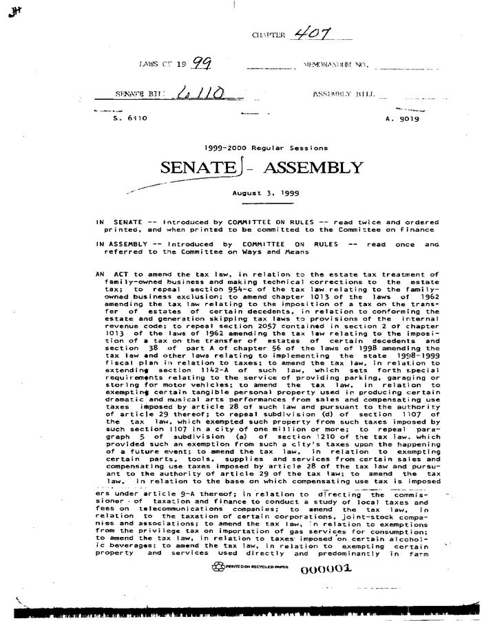 NYS Bill and Veto Jackets: 1999, Chapter 407