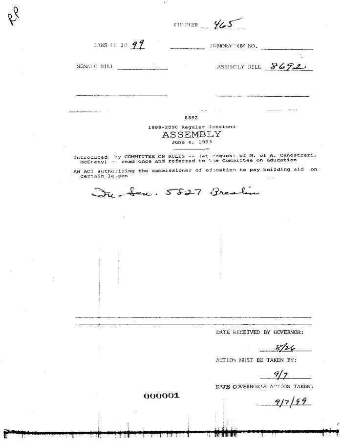 NYS Bill and Veto Jackets: 1999, Chapter 465