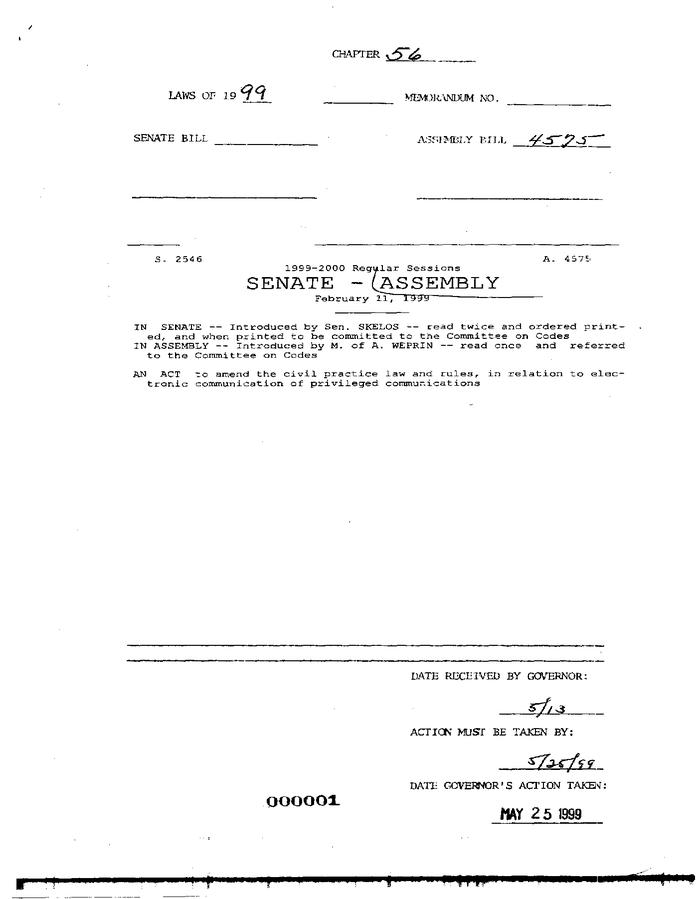 NYS Bill and Veto Jackets: 1999, Chapter 56