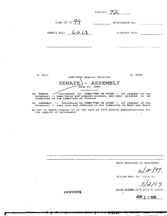 NYS Bill and Veto Jackets: 1999 Chapter 72
