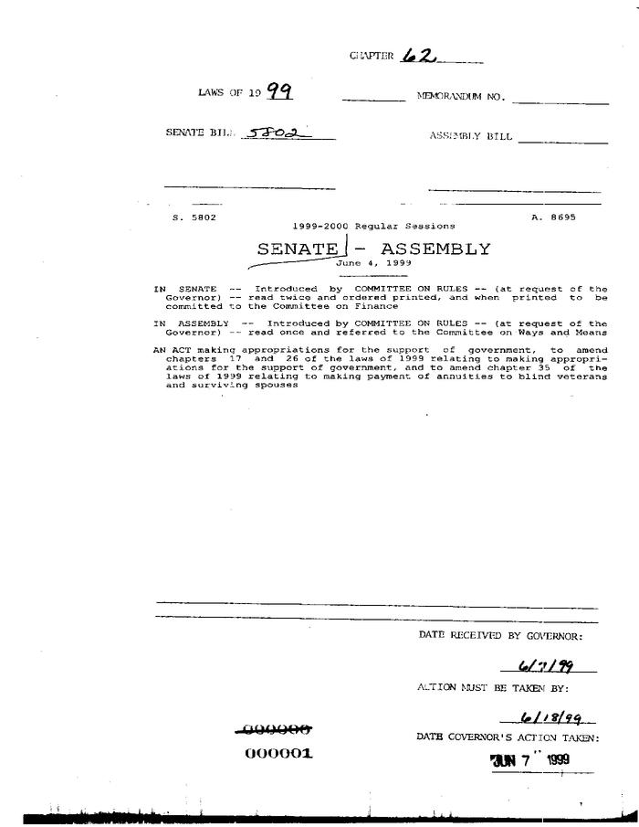 NYS Bill and Veto Jackets: 1999, Chapter 62