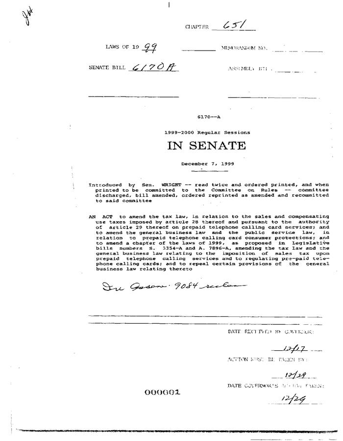 NYS Bill and Veto Jackets: 1999, Chapter 651
