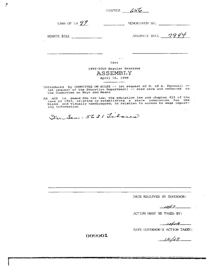 NYS Bill and Veto Jackets: 1999, Chapter 656