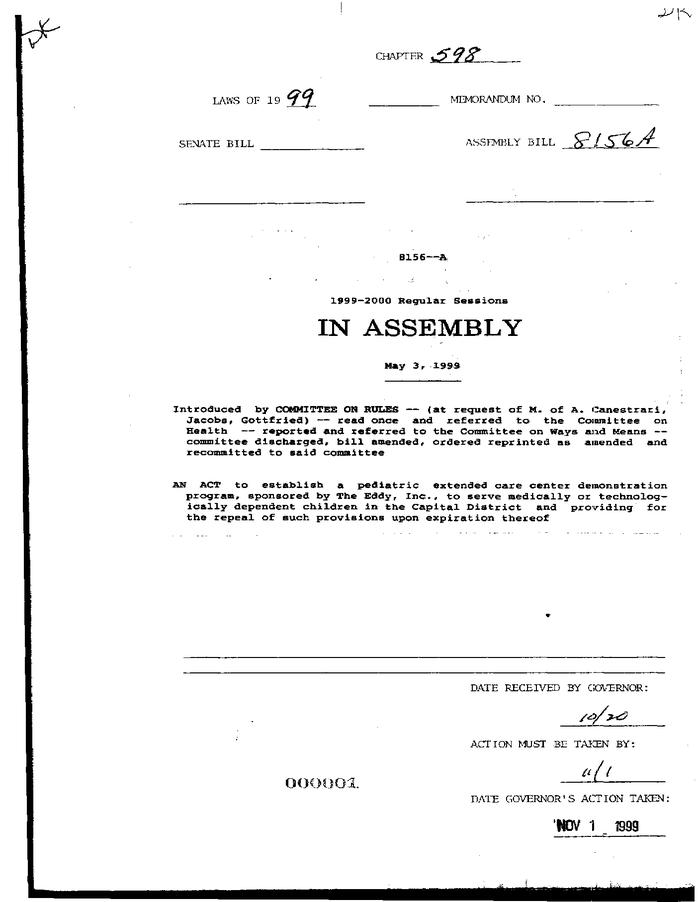 NYS Bill and Veto Jackets: 1999, Chapter 598