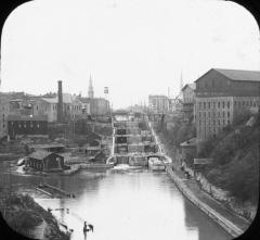 Erie Canal locks at Lockport from railroad bridge