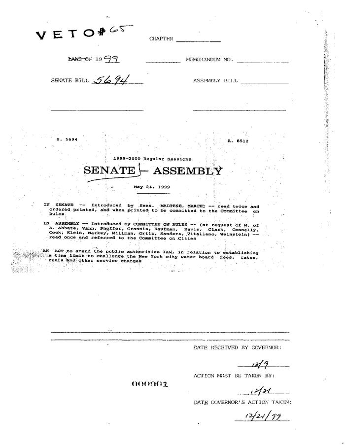 NYS Bill and Veto Jackets: 1999, Veto 65