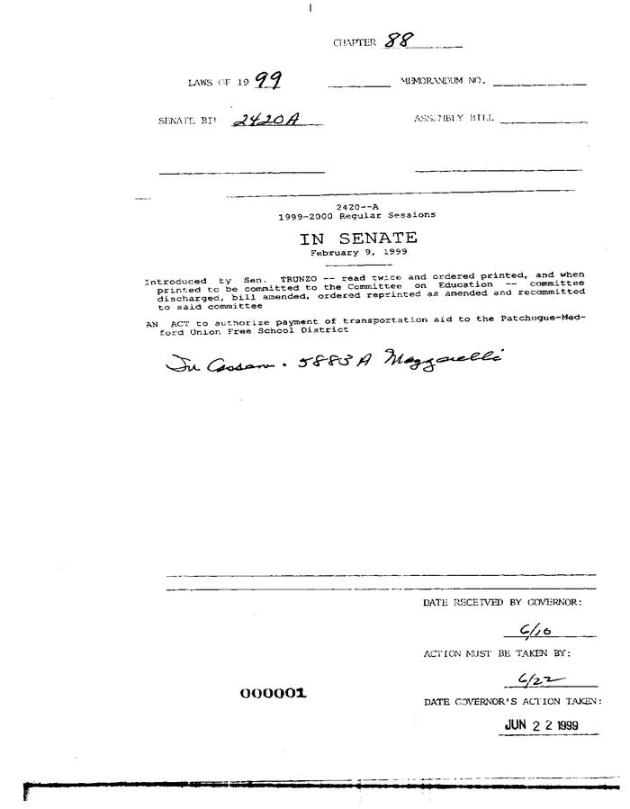 NYS Bill and Veto Jackets: 1999, Chapter 88
