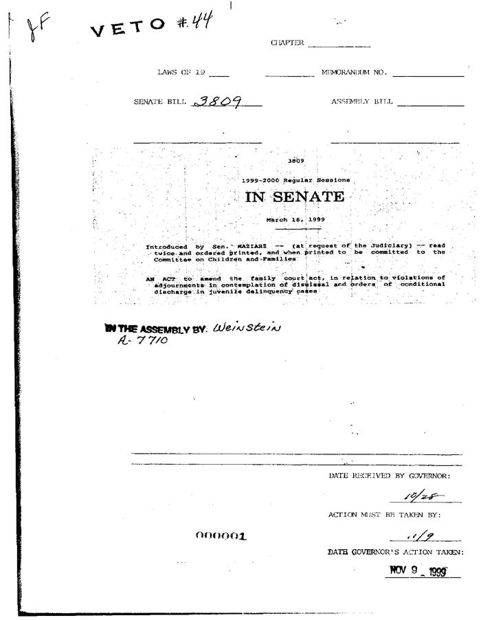 NYS Bill and Veto Jackets: 1999, Veto 44
