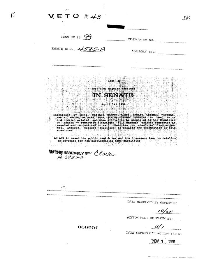 NYS Bill and Veto Jackets: 1999, Veto 43